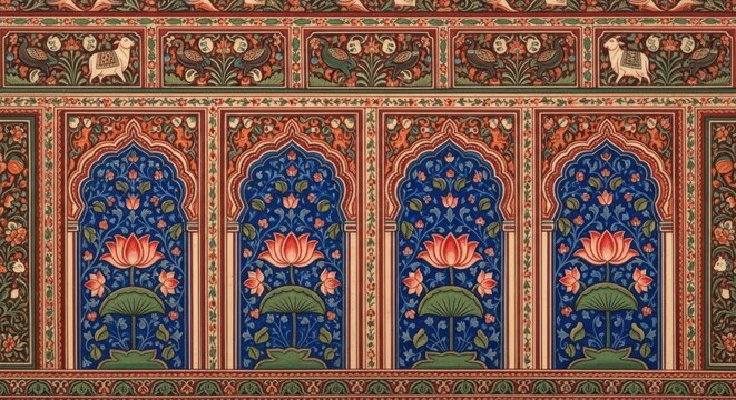 Intricate Indian Miniature Painting Depicting Arched Niches with Lotus Flowers.