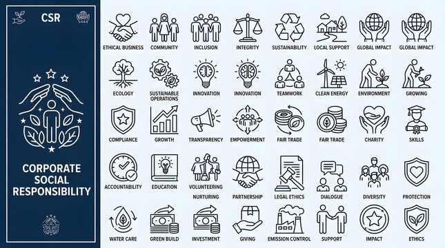 Corporate Social Responsibility Icons: A comprehensive collection of line art icons illustrating key principles and practices of Corporate Social Responsibility, including ethics, sustainability.
