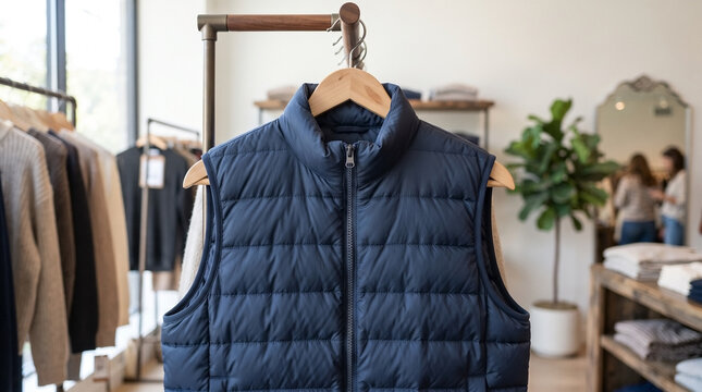 Navy blue puffer vest hanging on wooden hanger in modern clothing boutique. Blue puffer vest display includes blurred background with racks of garments and plants. Modern blue puffer vest for retail.
