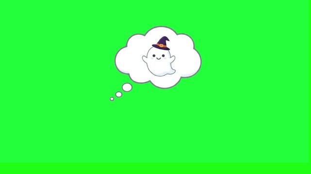 Cute cartoon ghost wearing witch hat in thought bubble animation 