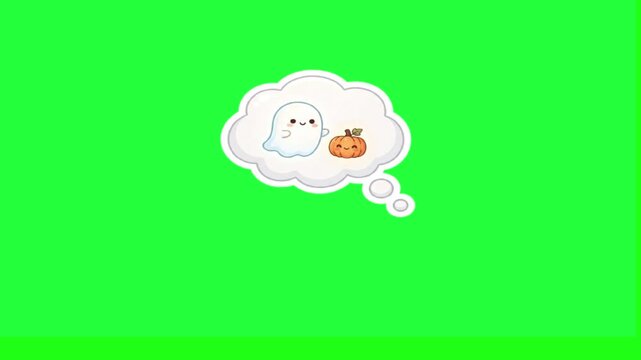 Cute cartoon ghost and pumpkin in thought bubble animation on green background