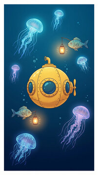 Yellow vintage bathysphere submarine floating in deep blue ocean with glowing jellyfish and lantern fish. Vertical vector art, perfect for phone wallpaper and screen lock.