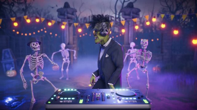Funny Frankenstein monster DJ playing music and dancing with skeletons and pumpkins at a spooky night cemetery party. Humorous 3D animated Halloween scene for holiday greeting cards, event invitations