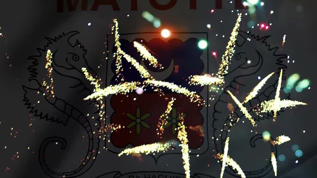 Bright colorful fireworks exploding in front of the official mayotte flag symbol