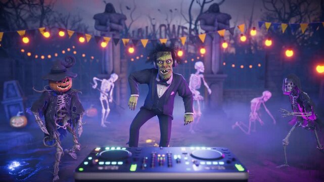 Funny Frankenstein monster DJ playing music and dancing with skeletons and pumpkins at a spooky night cemetery party. Humorous 3D animated Halloween scene for holiday greeting cards, event invitations