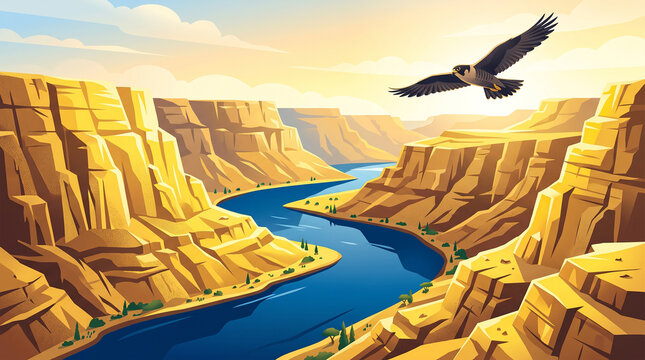 Peregrine falcon flying over Grand Canyon and winding river at sunset. Majestic wildlife canyon landscape horizontal vector illustration for banner.