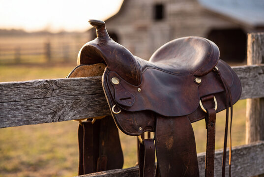 Western horse saddle resting on a weathered wooden fence at golden hour