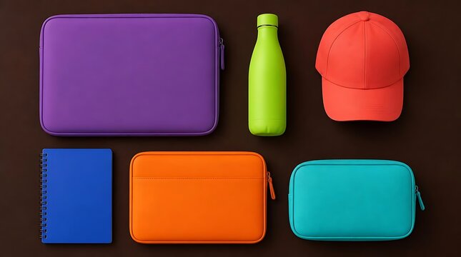 Collection of colorful accessories and a water bottle arranged on a dark background.
