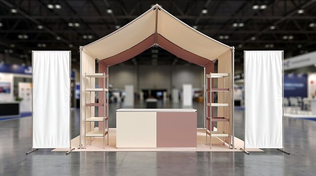 Modern exhibition booth design with shelves and counter in a convention center.