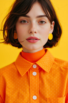 Fashion portrait of a young woman with freckles and short brown hair. Female model in orange polka dot shirt and yellow earrings on yellow backdrop