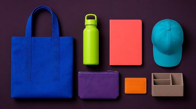 Collection of colorful everyday objects arranged on a dark background.