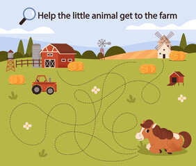 Naklejka premium Help the little animal get to the farm. Logic game for children. Maze. Riddle. Preschool education. Find. Guess the correct answer. Farm animal. Horse. Barn, haystack, tractor. Vector illustration.