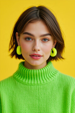 Fashion portrait of a young woman with short hair. Female model in neon green knit turtleneck sweater and hoop earrings on yellow backdrop