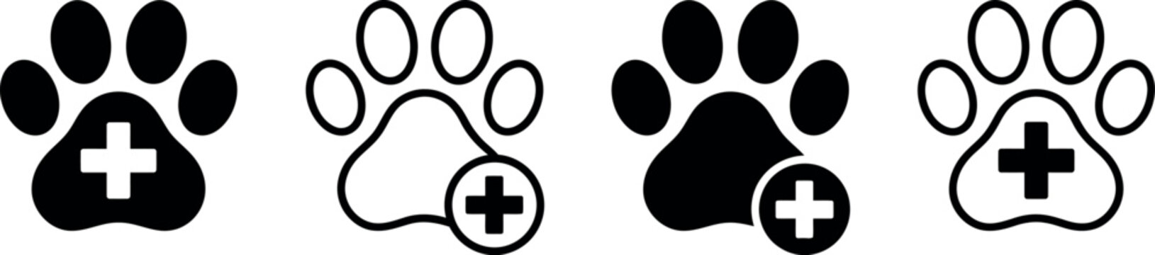 Set of four veterinary paw print icons with medical cross symbols for animal clinic branding and design