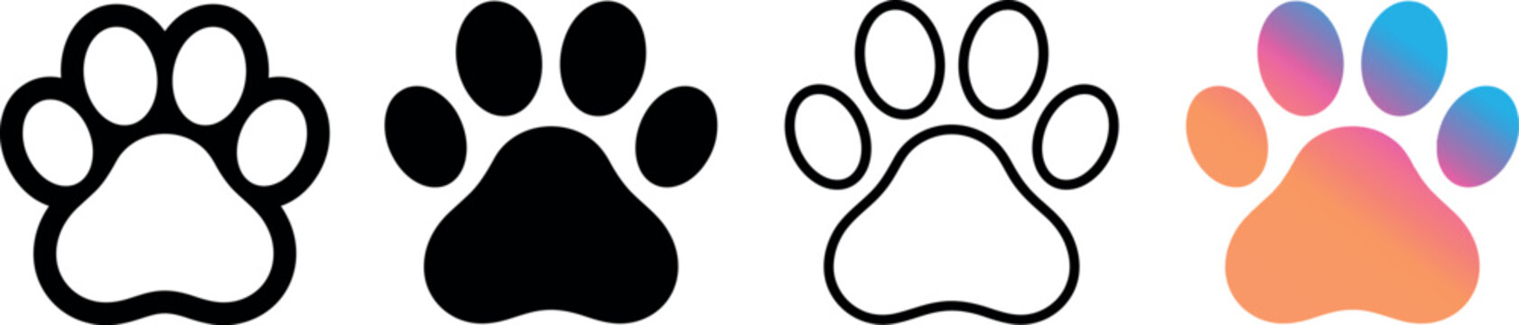 Set of four different dog or cat paw print icons in various artistic styles and colors