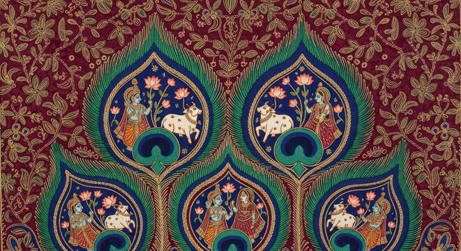 Intricate Indian Miniature Painting Depicting Religious Figures and Animals.