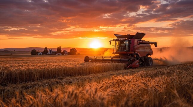 Combine harvester gathering ripe grain across a vast agricultural field at golden sunset