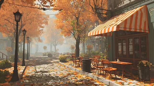 Autumn street cafe with orange awning and outdoor tables on cobblestone