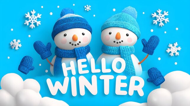 Hello Winter with two smiling snowmen wearing blue hats and scarves