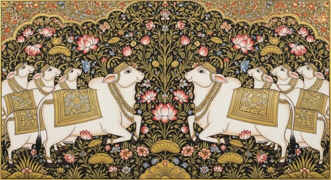 Intricate Indian Miniature Painting Depicting Sacred Cows and Floral Motifs.