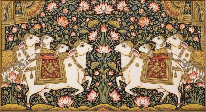 Intricate Indian Miniature Painting Depicting Sacred Cows and Floral Motifs.