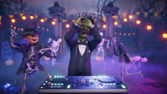 Funny Frankenstein monster DJ playing music and dancing with skeletons and pumpkins at a spooky night cemetery party. Humorous 3D animated Halloween scene for holiday greeting cards, event invitations