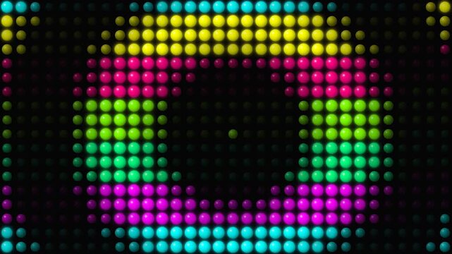 Abstract neon led dots pattern with colorful glowing spheres on black background for party and disco