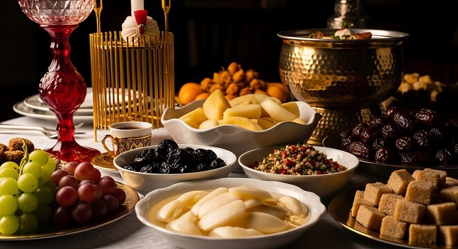 Traditional iftar table with dates, fruits, and snacks for ramadan