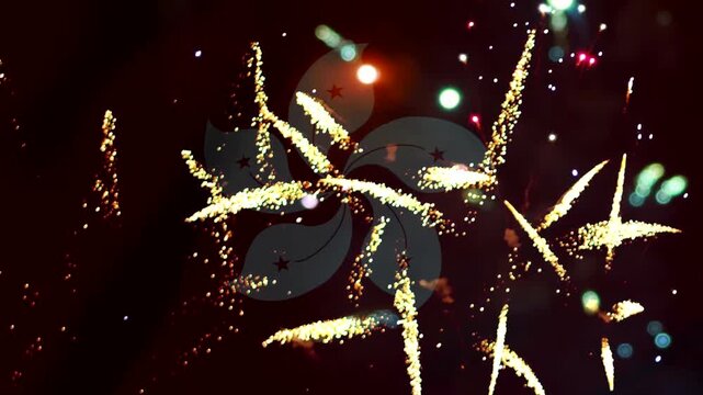 Bright colorful fireworks exploding in the night sky with a subtle floral shape overlay
