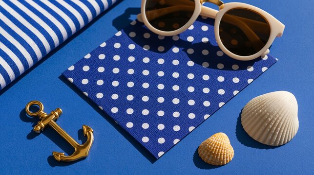 Summer nautical flat lay with anchor charm and sunglasses on blue surface. Coastal Mediterranean concept