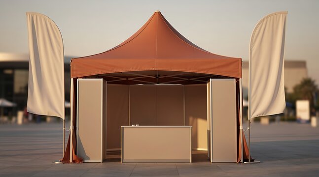 Outdoor event tent with flags and display stands 1.