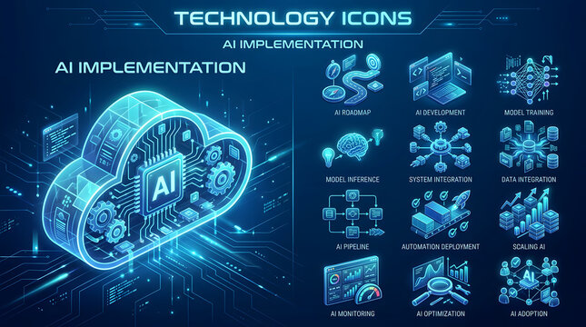 AI Technology Icons: A set of futuristic AI technology icons showcasing artificial intelligence implementation, data integration, and automation in a digital landscape.