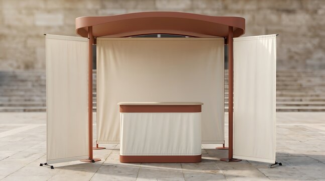 Empty outdoor kiosk with open doors and counter for events or sales.