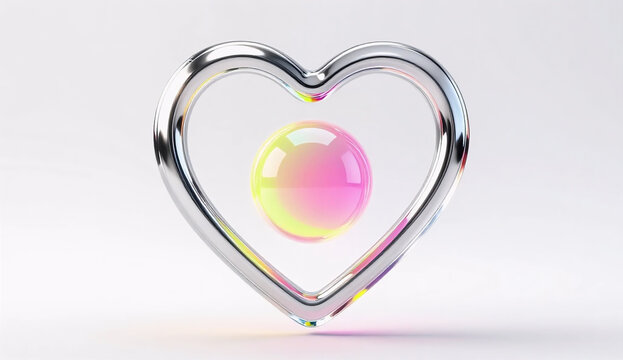 Social media viral glass heart: biomorphic crystal frame encapsulating glowing liquid neon sphere