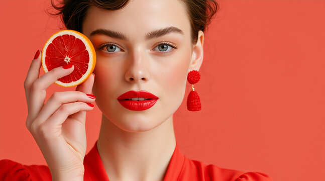 Summer fashion portrait of a woman with grapefruit slice on coral background. Beauty model with red lipstick and citrus fruit. Fresh skincare and wellness concept