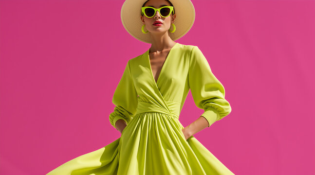 Woman in a lime green wrap dress and straw hat. Summer fashion portrait on a pink background. Nautical resort style