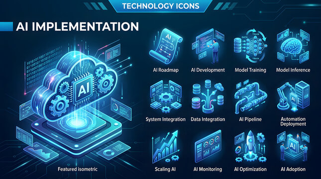 AI Implementation Concept: A dynamic visual representation of Artificial Intelligence implementation, showcasing cloud computing, data processing, and various AI-related icons.