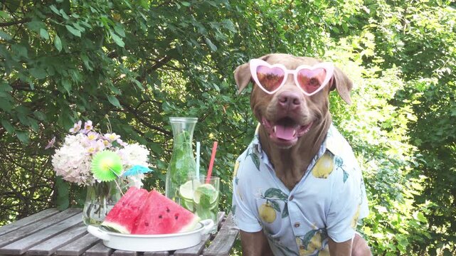 Brown dog wearing sunglasses and a bright Hawaiian shirt sits at a table with watermelon and drinks outdoors. Symbolizes summer fun, pet fashion, vacation vibes. Ideal for lifestyle, seasonal content
