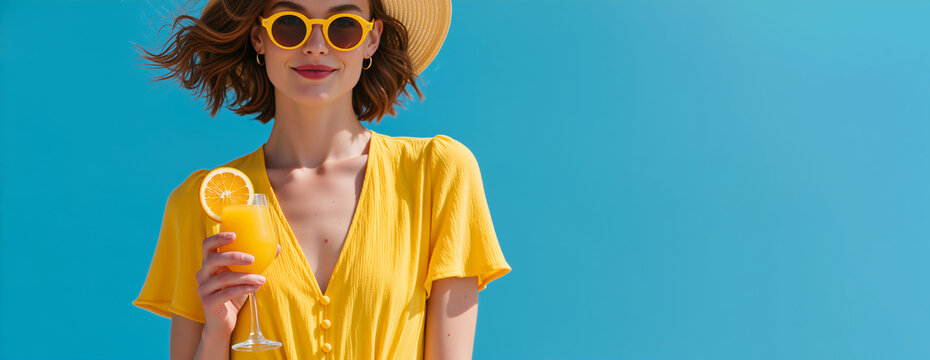 Woman in straw hat and yellow dress holding orange juice. Summer resort fashion banner on blue background. Mediterranean vacation style