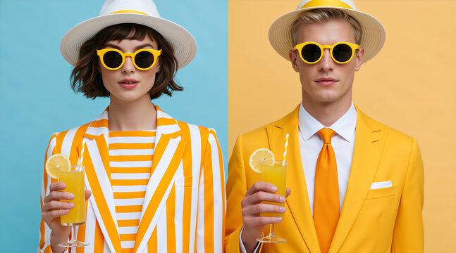 Man and woman in contrasting summer resort fashion. Split portrait with yellow suit and striped blazer holding orange juice. Mediterranean style