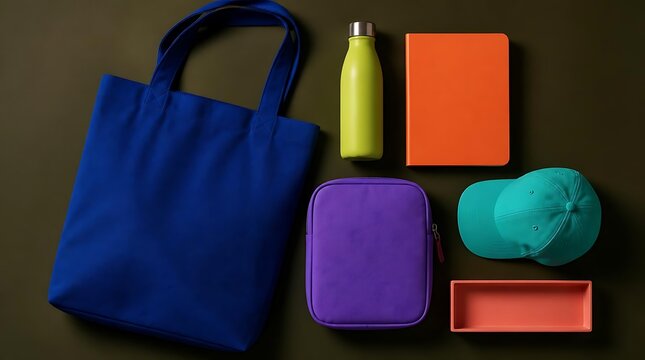 Flat lay of blue tote bag yellow water bottle orange notebook purple pouch and teal cap.
