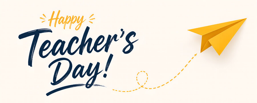 Happy teacher day greeting card design featuring a vibrant yellow paper plane flying across a clean bright white minimal background