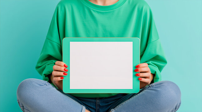 Person holding tablet with blank screen on teal background. Female hands with red nails showing device display. For website, poster, presentation