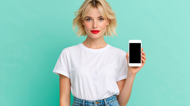Young blonde woman holding smartphone with blank black screen on mint green background. Empty area for text. Digital communication concept