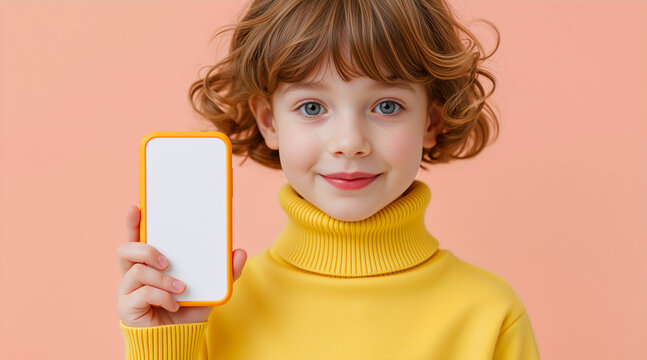 Young girl holding smartphone with blank screen on peach background. Child presenting empty mobile display for mockup. Technology and education concept