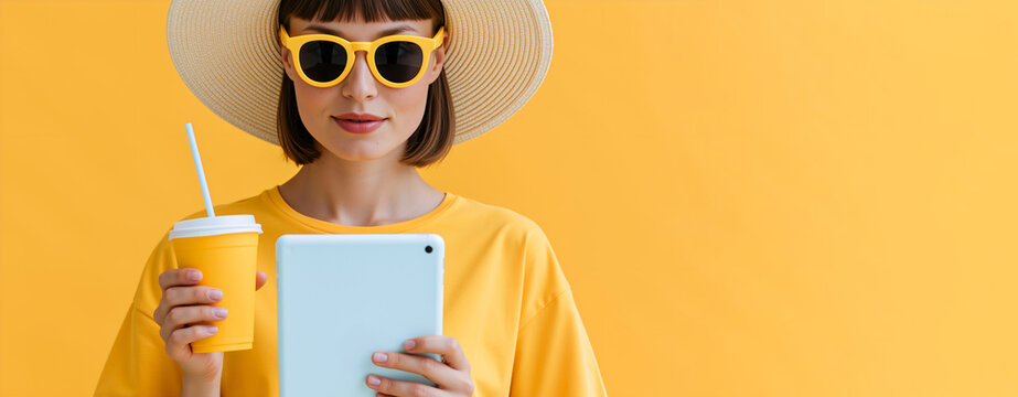 Woman in straw hat and yellow t-shirt holding pale blue tablet and coffee cup. Female model with electronic device and beverage on yellow background
