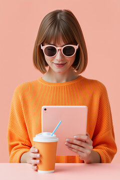 Woman with bob haircut in sunglasses and orange sweater holding tablet and drink. Peach background