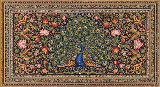 Intricate Indian Miniature Painting of a Peacock Amidst Floral Designs.