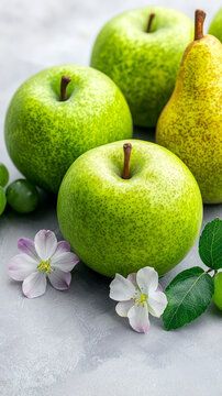 Green apple pear fruit fresh flower leaf on gray surface still life