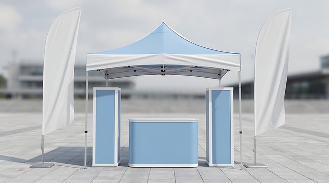 Outdoor event tent setup with promotional displays and flags.